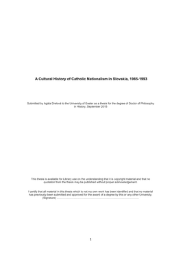 A Cultural History of Catholic Nationalism in Slovakia, 1985-1993