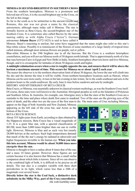 MIMOSA IS SECOND-BRIGHTEST in SOUTHERN CROSS from the Southern Hemisphere, Mimosa Is a Prominent and Beloved Star of Crux, It Is