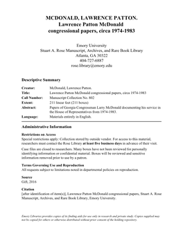 MCDONALD, LAWRENCE PATTON. Lawrence Patton Mcdonald Congressional Papers, Circa 1974-1983