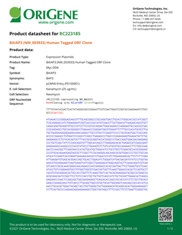 BAIAP3 (NM 003933) Human Tagged ORF Clone Product Data