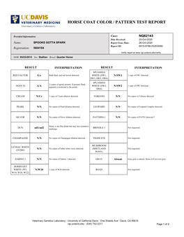 Horse Coat Color / Pattern Test Report