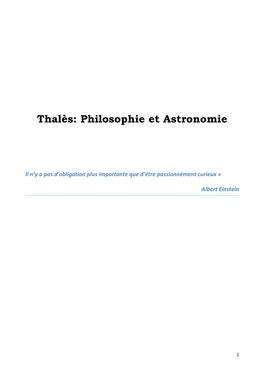 Thalès: Philosophie Et Astronomie