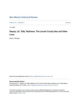 Mathews: the Lincoln County War and Other Lives