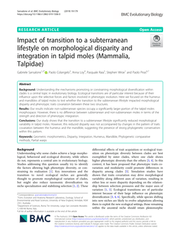 Impact of Transition to a Subterranean Lifestyle on Morphological Disparity and Integration in Talpid Moles (Mammalia, Talpidae)