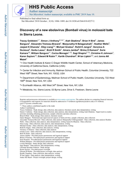 (Bombali Virus) in Molossid Bats in Sierra Leone