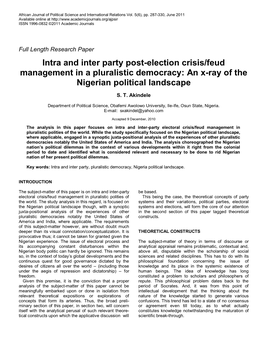 Intra and Inter Party Post-Election Crisis/Feud Management in a Pluralistic Democracy: an X-Ray of the Nigerian Political Landscape