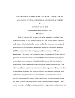 Continuous High Pressure Processing of Liquid Foods: An