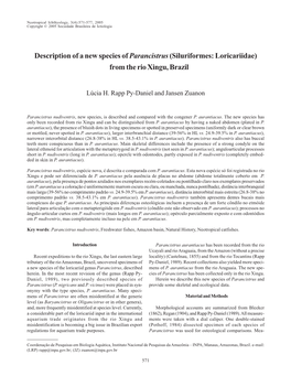 Description of a New Species of Parancistrus (Siluriformes: Loricariidae) from the Rio Xingu, Brazil