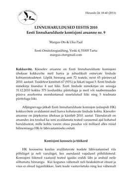 LINNUHARULDUSED EESTIS 2010 Eesti Linnuharulduste Komisjoni Aruanne Nr