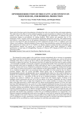 Optimized Reduction of Free Fatty Acid Content on Neem Seed Oil For