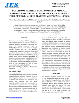 Conditions Restrict Development of Mineral Based Industries in Purulia District, an Extended Part of Chotanagpur Plateau, West Bengal, India