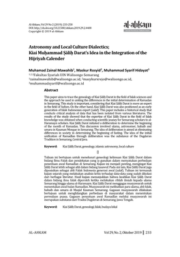 Astronomy and Local Culture Dialectics; Kiai Muḥammad Ṣāliḥ Darat's Idea in the Integration of the Hijriyah Calender
