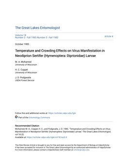 Temperature and Crowding Effects on Virus Manifestation in Neodiprion Sertifer (Hymenoptera: Diprionidae) Larvae