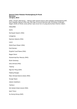 Senarai Calon Pakatan Pembangkang Di Perak Bernama 18 April, 2013