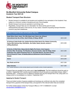 Academic Year 2021-22 Student Transport Fees Structure