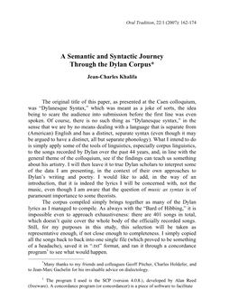 A Semantic and Syntactic Journey Through the Dylan Corpus*