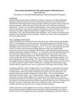 Government Regulation for OS and Computer Manufacturers? Daniel Holland University of Colorado Interdisciplinary Telecommunications Program