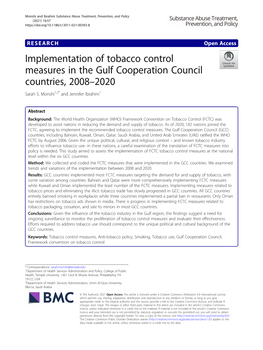 Implementation of Tobacco Control Measures in the Gulf Cooperation Council Countries, 2008–2020 Sarah S