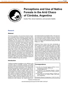 Perceptions and Use of Native Forests in the Arid Chaco of Córdoba, Argentina Cecilia Trillo, Sonia Colantonio, and Leonardo Galetto