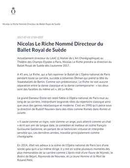 Nicolas Le Riche Nommé Directeur Du Ballet Royal De Suède