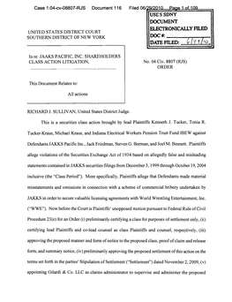 In Re: JAKKS Pacific, Inc. Shareholder Class Action Litigation 04-CV-08807-Order