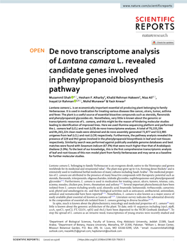 De Novo Transcriptome Analysis of Lantana Camara L. Revealed Candidate Genes Involved in Phenylpropanoid Biosynthesis Pathway Muzammil Shah 1*, Hesham F