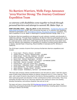 No Barriers Warriors, Wells Fargo Announce '2019 Warrior Strong: the Journey Continues' Expedition Team