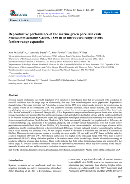 Reproductive Performance of the Marine Green Porcelain Crab Petrolisthes Armatus Gibbes, 1850 in Its Introduced Range Favors Further Range Expansion