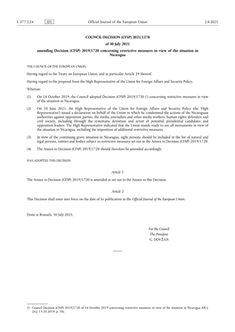 (CFSP) 2019/1720 Concerning Restrictive Measures in View of the Situation in Nicaragua