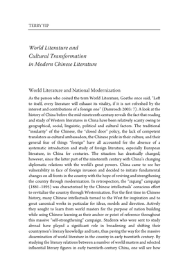 World Literature and Cultural Transformation in Modern Chinese Literature