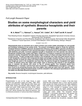 Studies on Some Morphological Characters and Yield Attributes of Synthetic Brassica Hexaploids and Their Parents