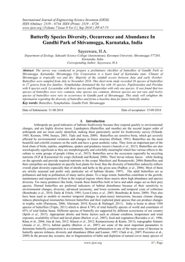 Butterfly Species Diversity, Occurrence and Abundance in Gandhi Park of Shivamogga, Karnataka, India
