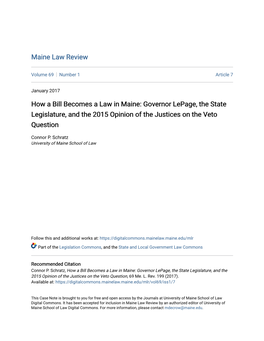 How a Bill Becomes a Law in Maine: Governor Lepage, the State Legislature, and the 2015 Opinion of the Justices on the Veto Question