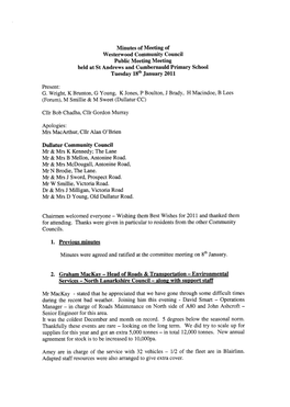 Minutes of Meeting of Westerwood Community Council Public Meeting Meeting Held at St Andrews and Cumbernauld Primary School Tuesday Lsthjanuary 2011