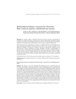Biodiversidad Ictiológica Continental De Venezuela. Parte I. Lista De Especies Y Distribución Por Cuencas