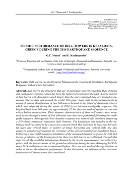 Seismic Performance of Bell Towers in Kefalonia, Greece During the 2014 Earthquake Sequence