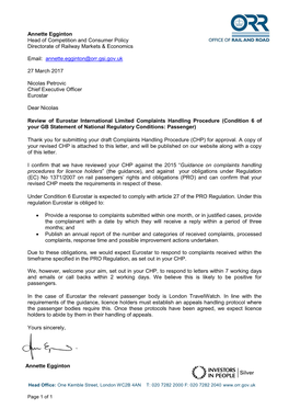 Eurostar Complaints Handling Procedure Approval Letter