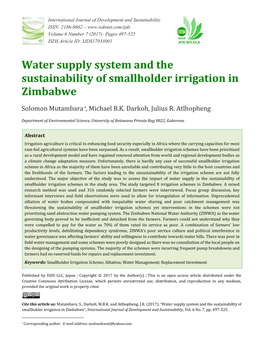 Water Supply System and the Sustainability of Smallholder Irrigation in Zimbabwe