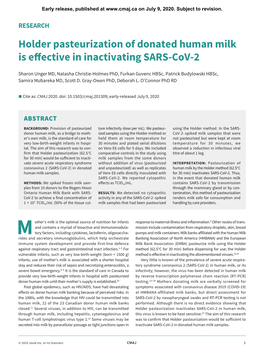 Holder Pasteurization of Donated Human Milk Is Effective in Inactivating SARS-Cov-2