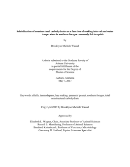 Solubilization of Nonstructural Carbohydrates As a Function of Soaking Interval and Water Temperature in Southern Forages Commonly Fed to Equids