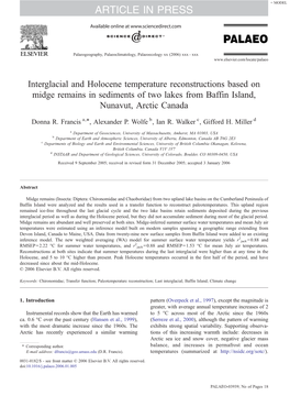 Interglacial and Holocene Temperature Reconstructions Based on Midge Remains in Sediments of Two Lakes from Baffin Island, Nunavut, Arctic Canada ⁎ Donna R