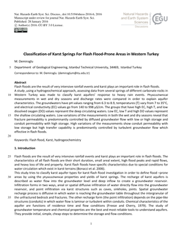 Classification of Karst Springs for Flash Flood-Prone Areas in Western Turkey