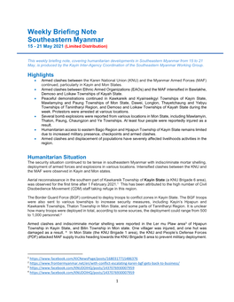 Weekly Briefing Note Southeastern Myanmar 15 - 21 May 2021 (Limited Distribution)