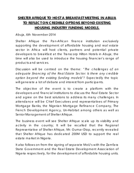 Shelter Afrique to Host a Breakfast Meeting in Abuja to Reflect on Credible Options Beyond Existing Housing Industry Funding Models