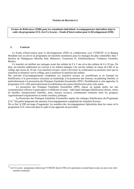 TDR) Pour Les Consultants Individuels Accompagnateurs Spécialisés Dans Le Cadre Du Programme LUL (Let Us Learn) – Fonds D’Intervention Pour Le Développement (FID)