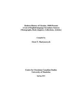 Modern History of Ukraine, 1848-Present: a List of English-Language Secondary Sources (Monographs, Book Chapters, Collections, Articles)