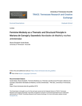 Feminine Modesty As a Thematic and Structural Principle in Mariana De Carvajal Y Saavedra’S Navidades De Madrid Y Noches Entretenidas