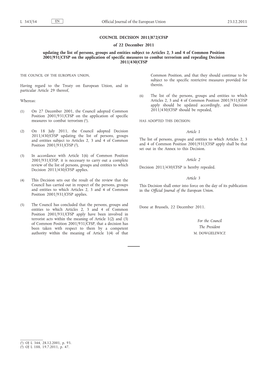 Council Decision 2011/872/CFSP of 22 December 2011 Updating the List of Persons, Groups and Entities Subject to Articles 2, 3 An