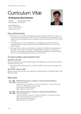 Curriculum Vitæ Dr Benjamin David Stocker ORCID 0000-0003-2697-9096 Researcherid K-3194-2015 Bestocke@Ethz.Ch Updated 25 June 2019