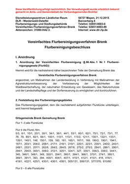 Vereinfachtes Flurbereinigungsverfahren Brenk Telefax: 02651/4003 -89 Aktenzeichen: 31080 -HA2.3